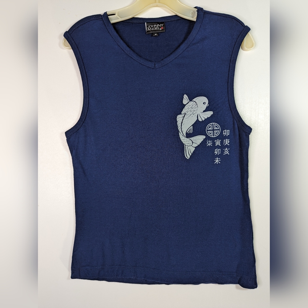 Blue Stretch Koi Tank Top M Sleeveless Blouse Rare Johnny Angel Unisex Vneck